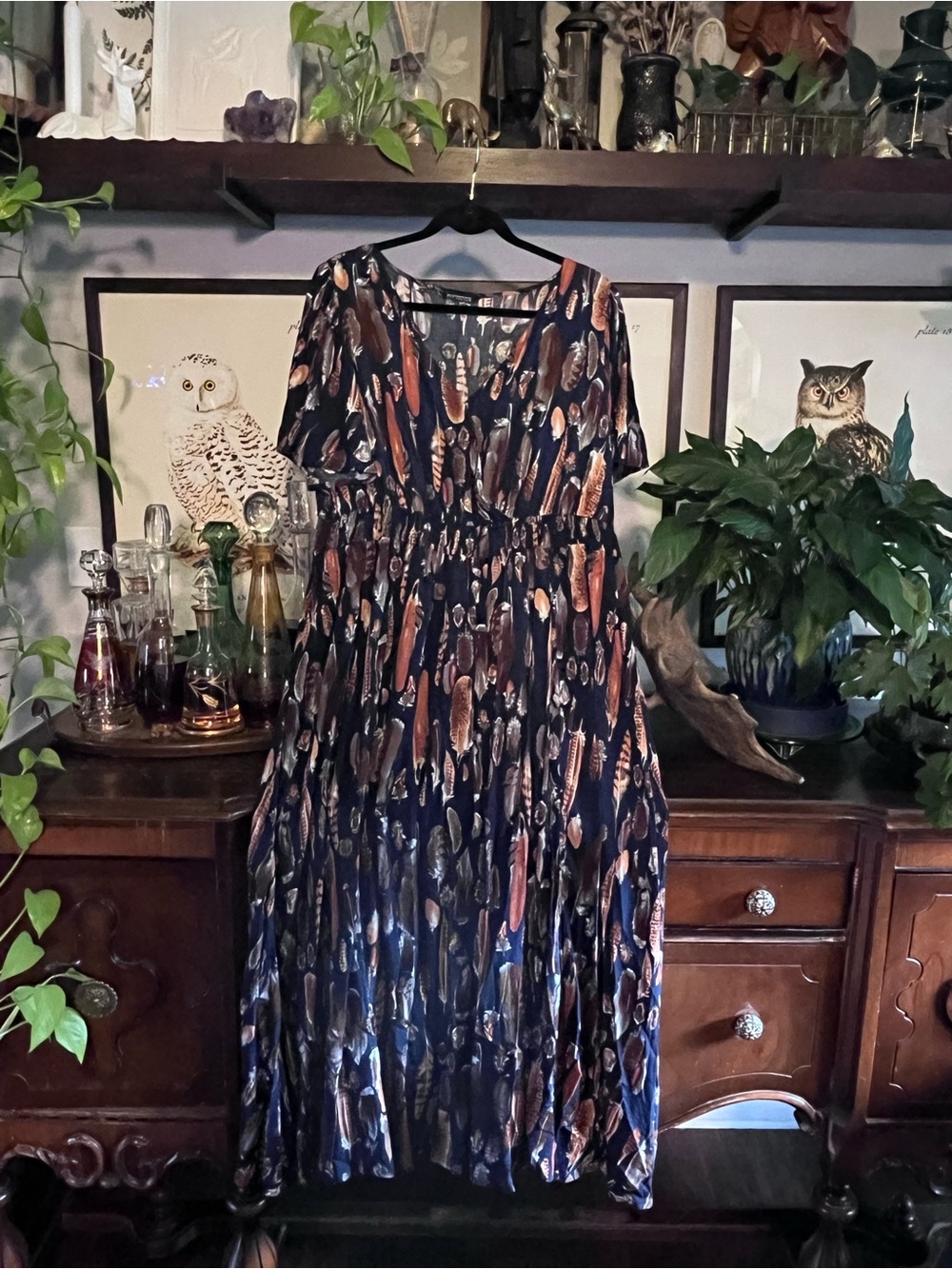 BloomChic Navy Maxi Dress with Feather Print